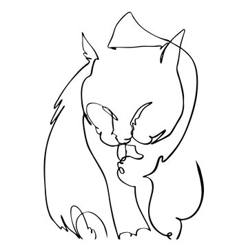 Cat washes licking paw. Black kitty portrait drawn in ink, vector illustration, quick sketch. Symbol of 2023 according to the Chinese calendar, line art