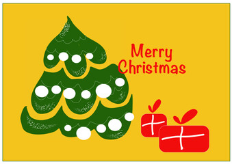 Merry Christmas congratulation funny greeting card design of christmas tree and gifts, christmas objects composition on yellow isolated background.