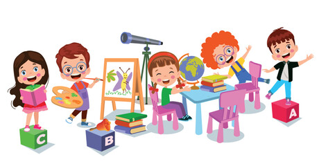 cartoon caharecter happy kid studynig and learning