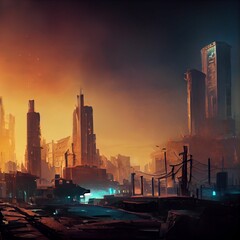 Post-apocalyptic city ruins in the future. AI-generated digital art illustration