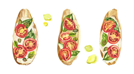 Watercolor hand painted delicious Italian bruschetta with tomatoes illustration isolated on white background. Illustration for menu design, print, social media.