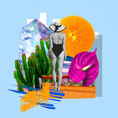 Contemporary digital collage art. Fashion vintage Lady. Vacation dreams summer concept