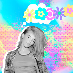 Contemporary digital collage art. Sensual flowers positive mood. Candy dreamer girl