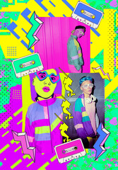 Fashion collage wallpapers. Stylish 90s party moodboard. Dj music girl