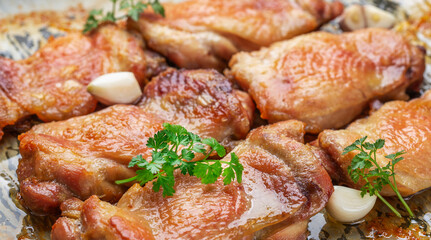 fried chicken meat with appetizing skin with garlic and herbs in oil