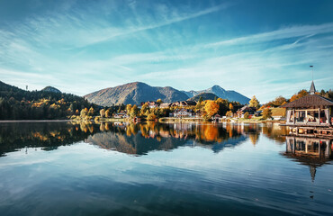 Fototapeta premium Amazing countryside scenery in alps at sunny day. Brauhof village on a Grundlsee lake. Austria. Amazing nature landscape. Picture of village park. concept of Travel and holiday on nature.