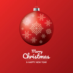 Beautiful red shiny christmas ball banner icon vector. Merry Christmas and Happy New Year greeting card with red christmas bauble on a red background graphic design element