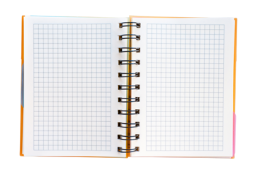Open blank checked notebook spread. Png isolated with transparency
