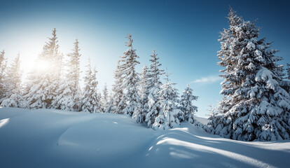 Winter forest. Amazing nature landscape. Wonderful wintry scenery. Snow covered fir trees during sunrise. Nature background
