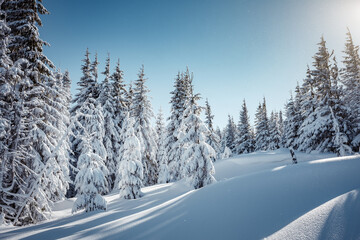 Fototapeta na wymiar Awesome Winter alpine highlands in sunny day. Natural Forest of Spruce Trees, Sunbeams through Fog create mystic Atmosphere. Idylic Athmospheric Landscape. picturesque nature scenery. creative image