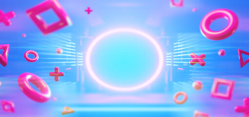 3d illustration rendering,gaming gamer background abstract wallpaper,cyberpunk style metaverse scifi game, neon glow of stage scene pedestal room