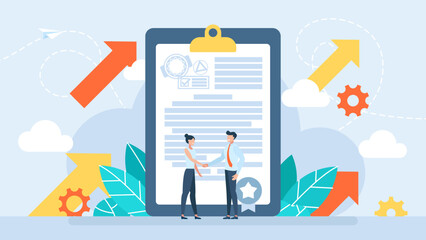 Partnership and handshake. Business men and women. Business people shaking hands over contract reaching agreement. Man, woman. Successful partners standing and closing deal. Vector flat illustration - obrazy, fototapety, plakaty