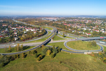 Highway multilevel crossing. Interchange junction on A4 international highway with Zakopianka...