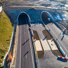 Newly opened  multilane tunnels on Zakopianka highway in Poland in November 2022. The tunnel is 2 over km long and makes travel from Krakow to Zakopane, Podhale region and Slovakia much faster - obrazy, fototapety, plakaty