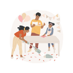 When the party is over isolated cartoon vector illustration. After home party, family members tidy up mess together, celebration is over, clean the table, vacuuming the floor vector cartoon.