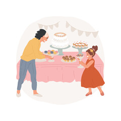 Sweet table isolated cartoon vector illustration. Sweet station, kid and mom put plates with dessert on the table, macaroons and cupcakes in bowls, receiving guests at home vector cartoon.
