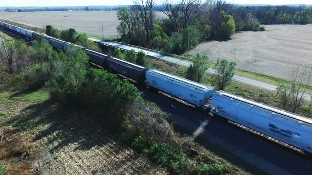 Aerial of Train Crossing Midwest Plains