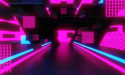 3d illustration rendering,gaming gamer background abstract wallpaper,cyberpunk style metaverse scifi game, neon glow of stage scene pedestal room