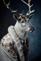 Reindeer renaissance painting portrait who looks like the ruler in human clothing. An illustration of an animal with big horns that is a symbol of Christmas. Dark background. Generative AI.