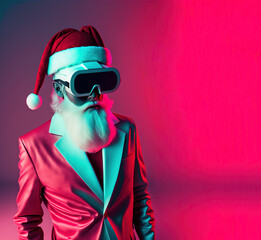 Cyber ​​futuristic modern Santa in pink suit with VR glasses. Virtual reality, pop art, contemporary design. Generative AI. Christmas portrait. Santa received an expensive technological gift. - obrazy, fototapety, plakaty