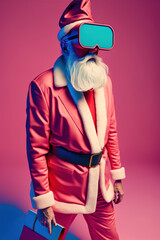 Cyber ​​futuristic modern Santa in pink suit with VR glasses. Virtual reality, pop art, contemporary design. Generative AI. Christmas portrait. Santa received an expensive technological gift.