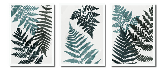 Set of vector art with fern leaves, botanical hand drawn illustration with watercolor texture. For interior, wall decoration, decor.