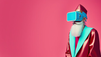 Cyber ​​futuristic modern Santa in red suit with VR glasses. Virtual reality, pop art, contemporary design. Generative AI. Christmas portrait. Santa received an expensive technological gift.