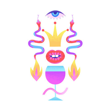 Psychedelic composition with glass of wine, snakes, crown, eye, lips, fire isolated on white background. Contemporary Art. Strange surreal abstract design. Cover of notebook, print on t-shirt, poster