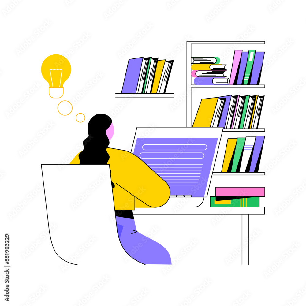 Poster study in a library isolated cartoon vector illustrations. student with laptop preparing for classes 