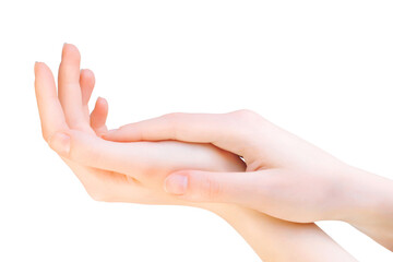 Beautiful woman hand touching hand. Png isolated with transparency