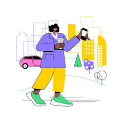 Coffee on the way isolated cartoon vector illustrations. Young woman holding phone, waking and drinking coffee, people lifestyle, on the way to work, morning rituals vector cartoon.