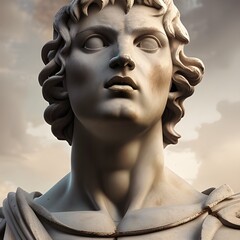 3D illustration featuring a white marble statue bust of a handsome young man, demigod hero Hercules. According to Greek mythology, despite not being a God, Hercules was welcomed into Mount Olympus. - obrazy, fototapety, plakaty