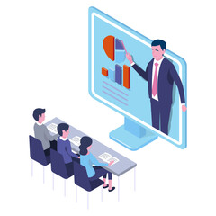 isometric illustration of business people meeting online,chart ,presentation,team