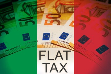 Close up of European Banknotes with the text "Flat Tax" with the Italian Flat