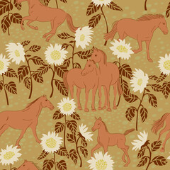 Horses and sunflowers seamless pattern, animals and flowers background - 551904282