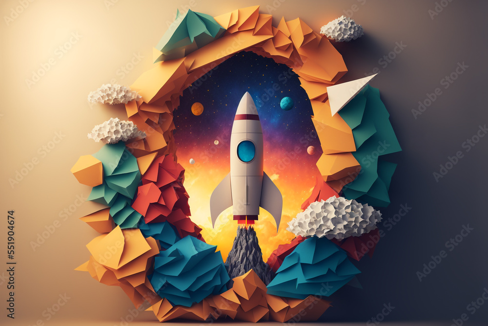 Wall mural paper art style illustration of space rocket with galaxy background