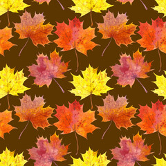 Seamless pattern of hand-drawn watercolour maple leaves on a brown background. Autumn Illustration for fabric, sketchbook, wallpaper, wrapping paper.