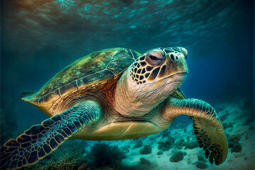 Sea turtle swimming over coral reefs. Generative AI.