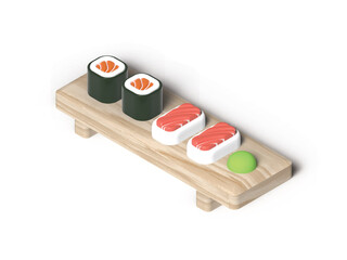 Illustration Art of A Sushi (Japanese Food) Set Served on A Wooden Plate.  Isolated or Die Cut on White Background.
