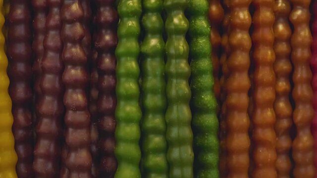 Close up of traditional Georgian cuisine candle shaped candy sweets churchkhela with hazelnuts, walnuts, grape juice, honey in local market. Tasty sweet food