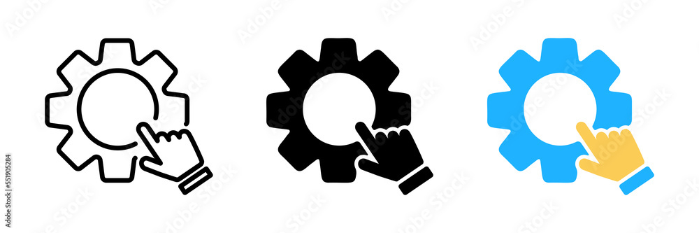 Poster black line settings in the hand icon isolated on white background. set icons colorful circle buttons