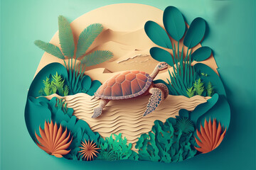 paper art style illustration of sea turtle on sand beach 