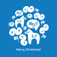 Christmas Vector Illustrations with Symbols of Sweden. Greeting card with blue background and text Merry Christmas  - obrazy, fototapety, plakaty