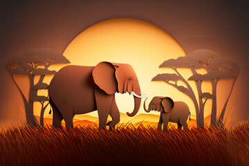 Fototapeta na wymiar paper craft style illustration African wild life , elephant family in savannah meadow 