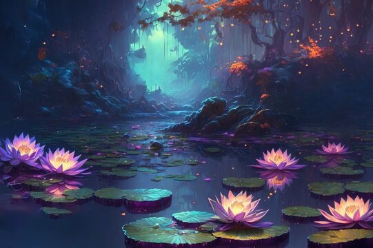 glowing lotus flowers in lotus pond. digital art style, illustration painting. Generative AI.