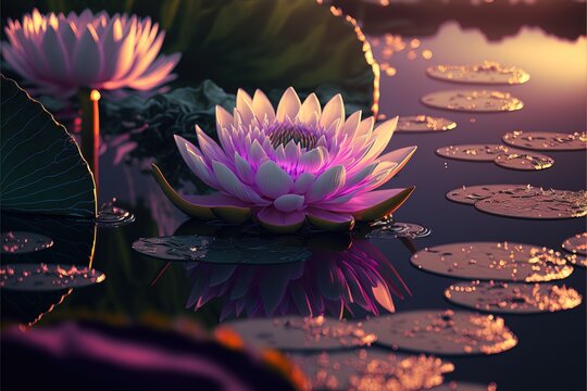 lotus flowers in lotus pond with sunrise. digital art style, illustration painting. Generative AI.