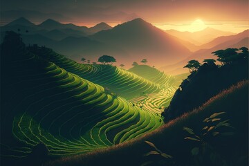Green Terraced Rice Field, sunrise, digital art style, illustration painting. Generative AI.