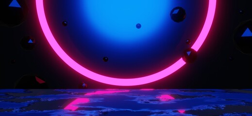 3d illustration rendering,gaming gamer background abstract wallpaper,cyberpunk style metaverse scifi game, neon glow of stage scene pedestal room