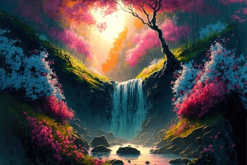 waterfall and many blossoming flowers in an forest, 
 sunrise. digital art style, illustration painting. Generative AI.