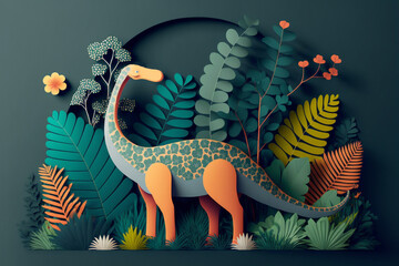 paper art dinosaur with decoration  - obrazy, fototapety, plakaty